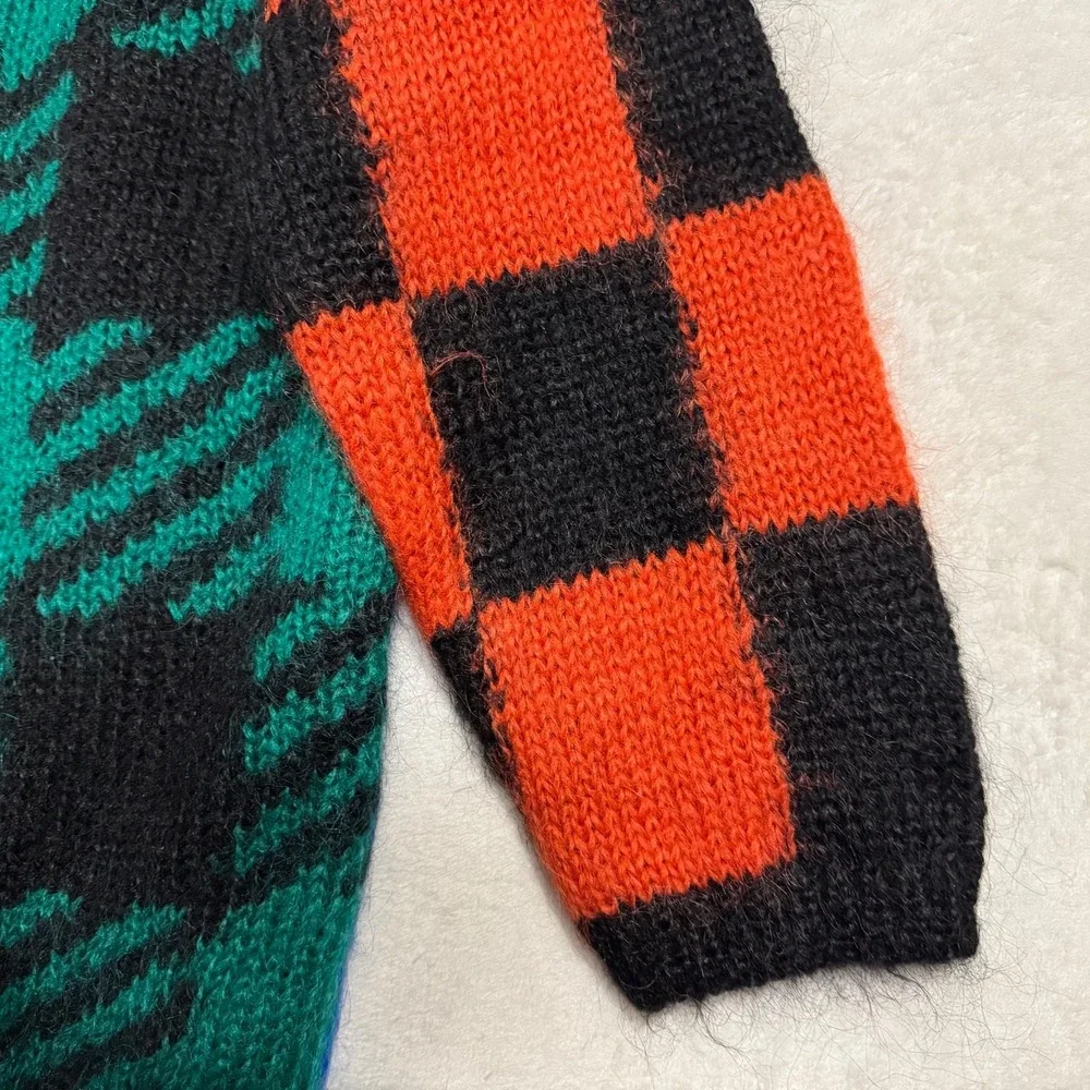 NWT Vintage Fuzzy Mohair Turtleneck Sweater M L Bold Colorblock‎ Plaid Graphic